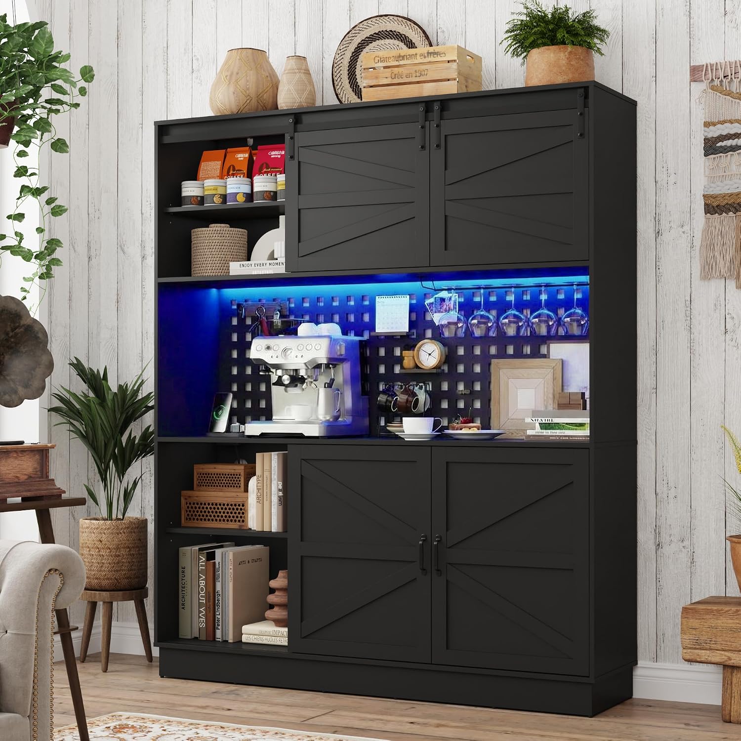 75”Tall 63"W Extra Large LED Farmhouse Kitchen Storage Pantry Hutch Cabinet w/Power Outlet,Pegboard,Coffee Bar Cabinets,Microwave Shelf,Wine Rack,4 Barn Doors,2 Drawers, Dining Room,Black