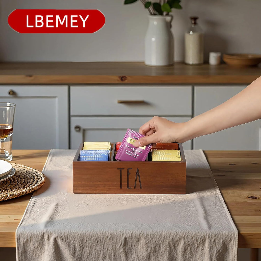 LBEMEY Tea Bag Organizer,Acacia Wood Tea Storage Containers with 6 Compartments, Sugar Packet Holder,Tea Bag Caddy Box for Cabinet Countertop Office (Brown- Labeled "TEA")
