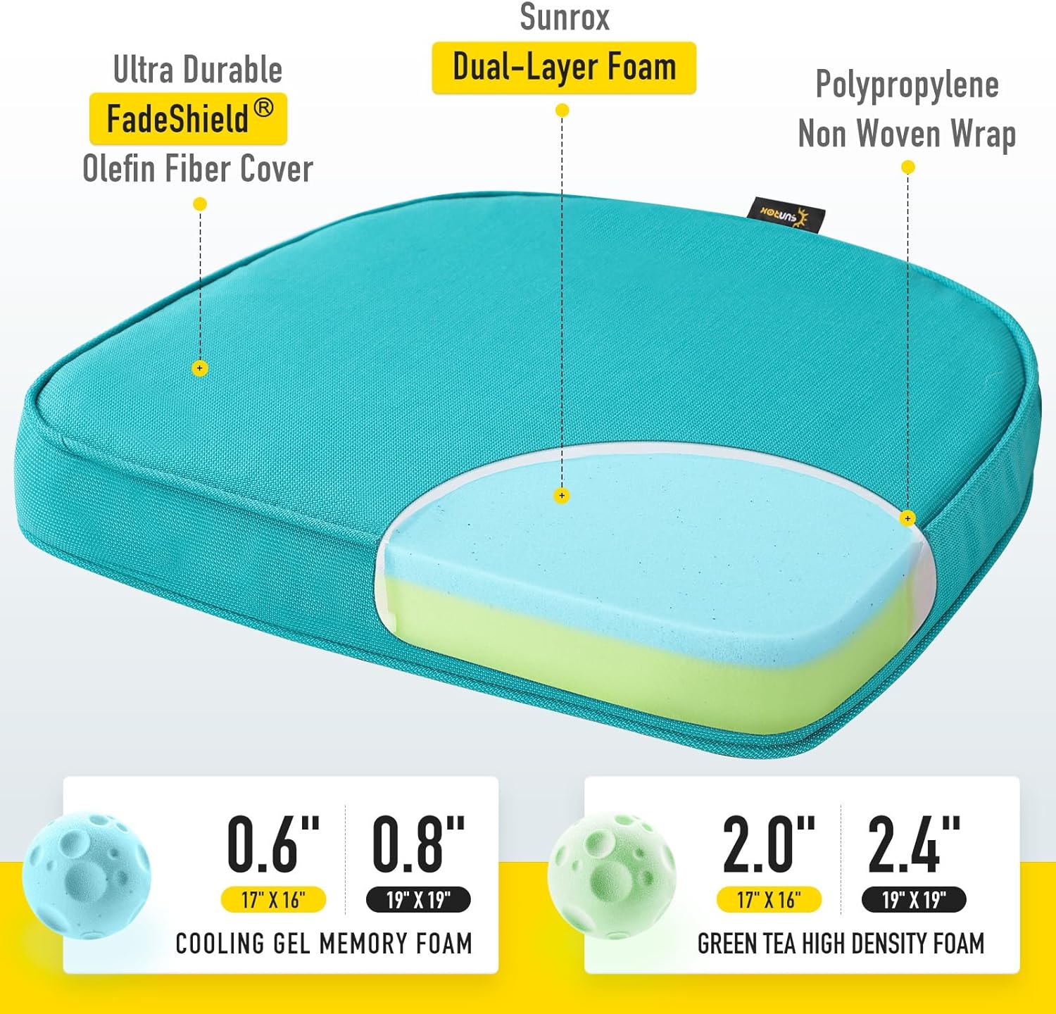 SUNROX Gel Memory Foam Chair Cushions, FadeShield Water-, Stain-Resistant Durable Reversible Seat Cushion Pads with Ties for Indoor/Outdoor Kitchen Dining Office 17"x16" Set of 4, Turquoise