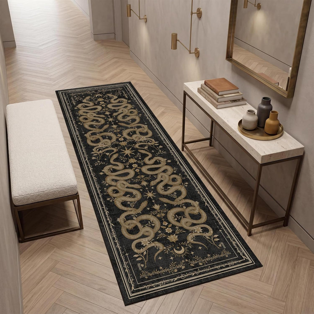 Garvee Snake Gothic Washable Kitchen Runner Rug 2x6 Dark Whimsical Unique Soft Thin Indoor Floor Mat for Bathroom Hallway Entryway Bedroom Indoor Decor Low Pile Non-Slip TPE Backing Black Gray
