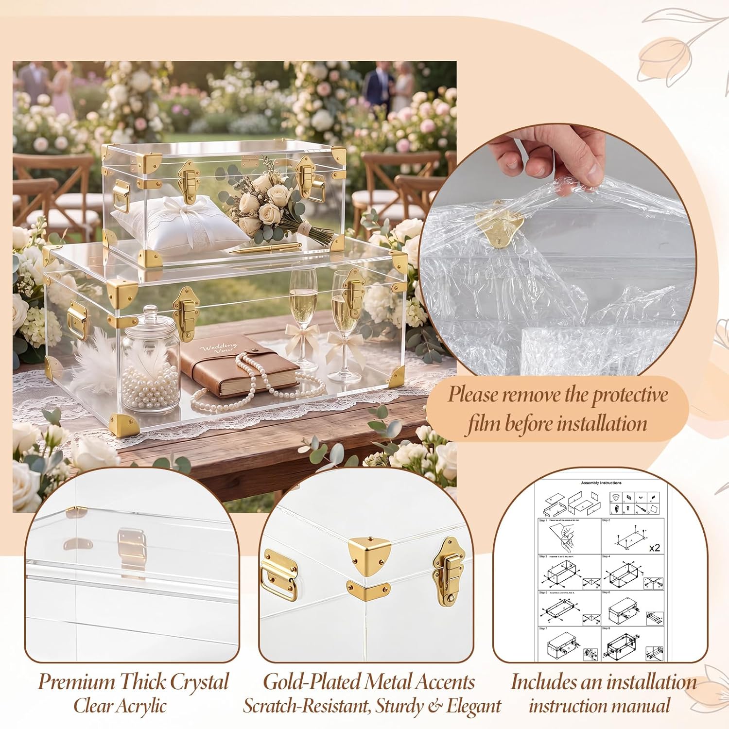 Wesiti Clear Acrylic Bridal Keepsake Trunk, Decorative Storage Chest with Lid & Handles, Bridal Wedding Memory Box for Photos, Gifts, Special Moments, Closet & Home Organization(2,Large,Small)