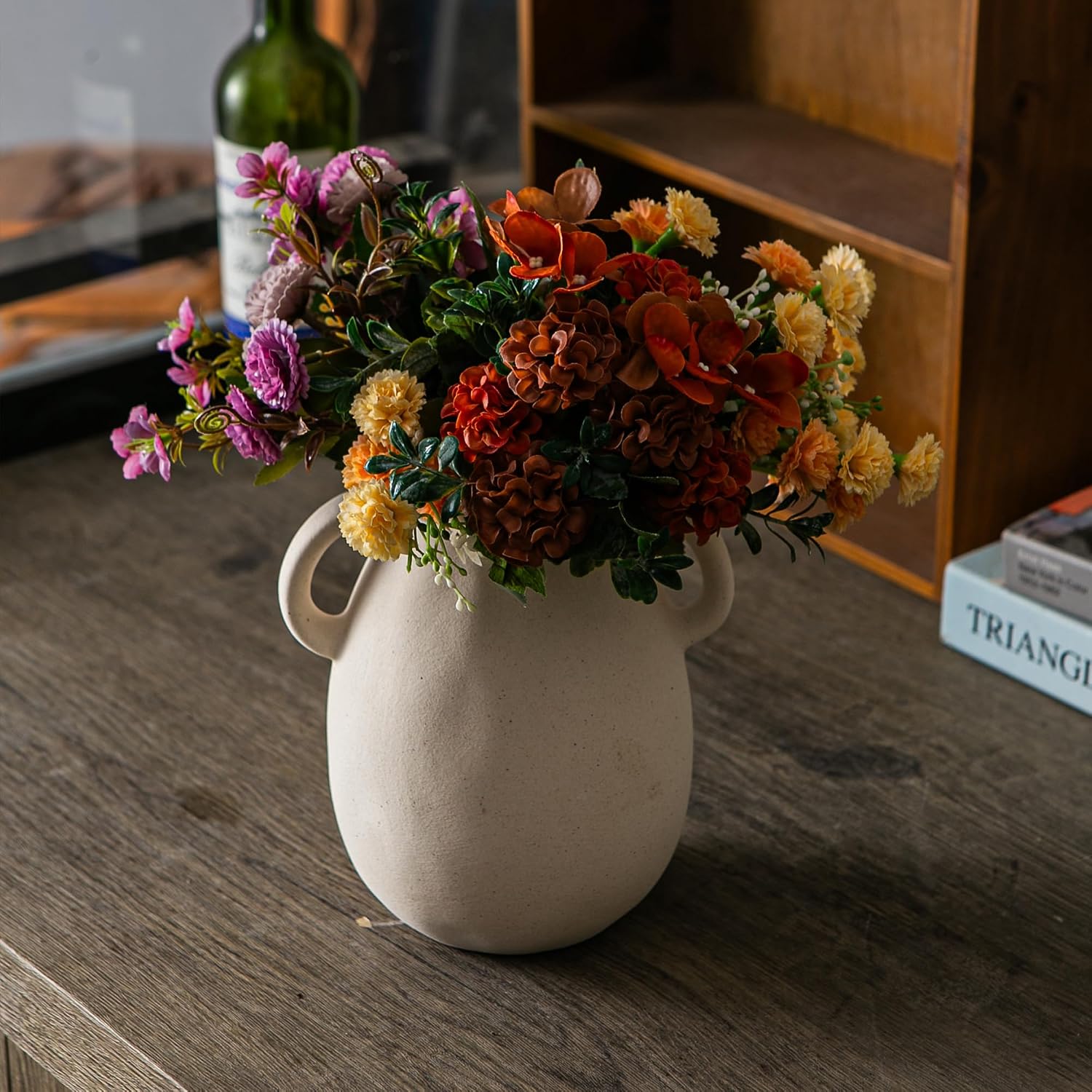 Tanvecle Off-White Ceramic Vase with 2 Handles, Sandstone Texture for Modern Farmhouse Decor, Rustic Pottery, Decorative Flower Vase, Clay Small Vase, Centerpiece for Dining Table - 7 Inch Tall