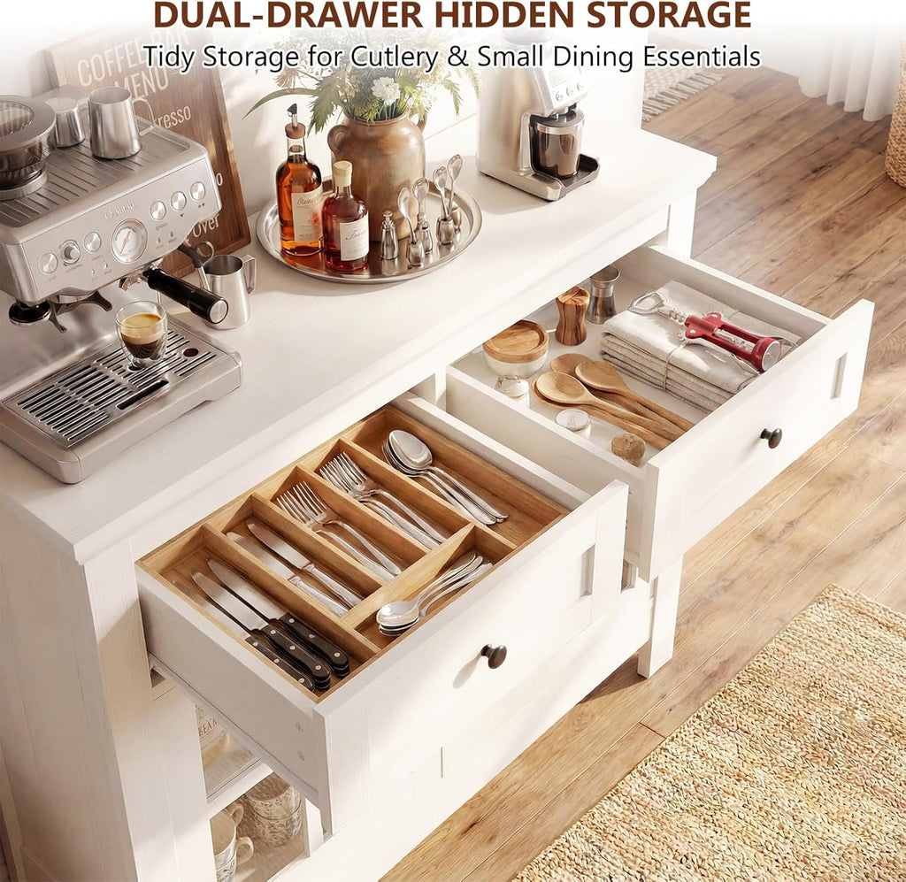 36” Buffet Cabinet Sideboard, Coffee Bar Storage Cabinet with Drawers and Display Glass Doors, Farmhouse Kitchen Credenza with Adjustable Shelves for Kitchen, Living Room, Vintage White
