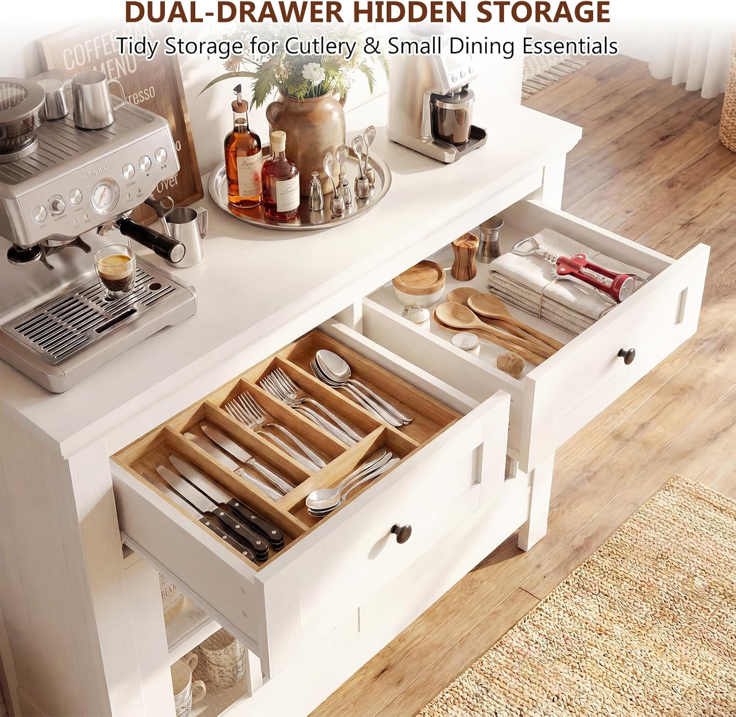 36” Buffet Cabinet Sideboard, Coffee Bar Storage Cabinet with Drawers and Display Glass Doors, Farmhouse Kitchen Credenza with Adjustable Shelves for Kitchen, Living Room, Vintage White