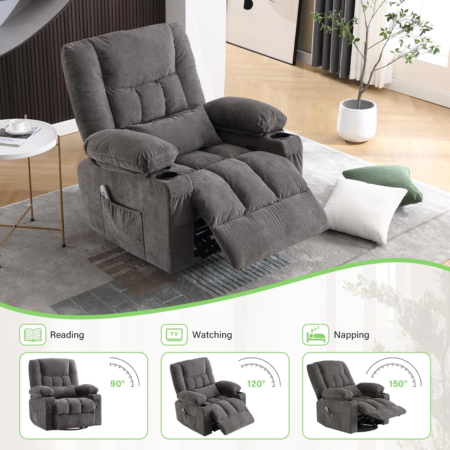 BOSMILLER 360° Swivel Rocker Recliner Chair for Adults,Oversized Recliner Chair with Massage and Heating, Manual Nursery Glider Recliner with Cup Holder and Side Pocket for Living Room, Bedroom,Grey