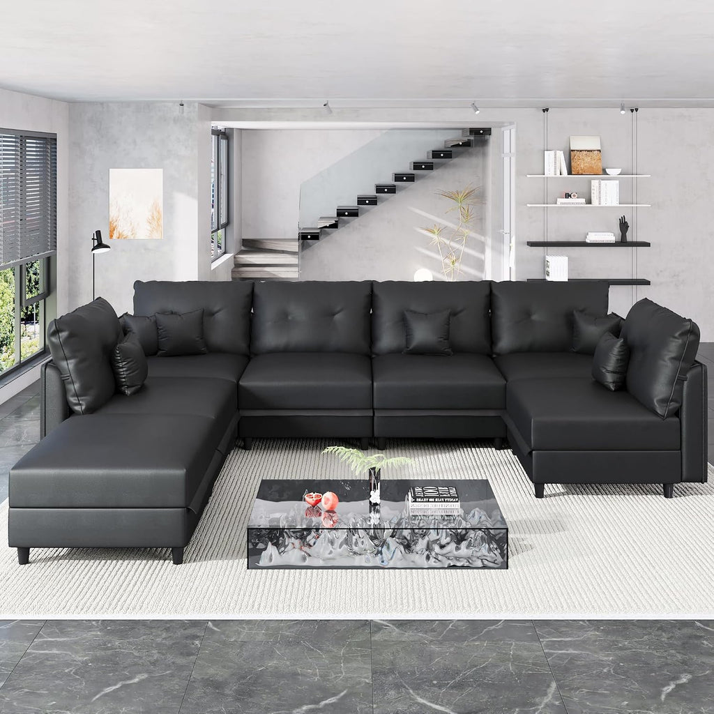 LLappuil Faux Leather Sectional 7-Seater Modular Sofa with Storage, Wide Deep Seat U Shaped Couch for Living Room, Office, Apartment, Rearranged, Waterproof & Easy Clean, Black