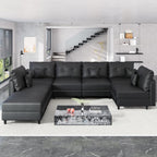 LLappuil Faux Leather Sectional 7-Seater Modular Sofa with Storage, Wide Deep Seat U Shaped Couch for Living Room, Office, Apartment, Rearranged, Waterproof & Easy Clean, Black