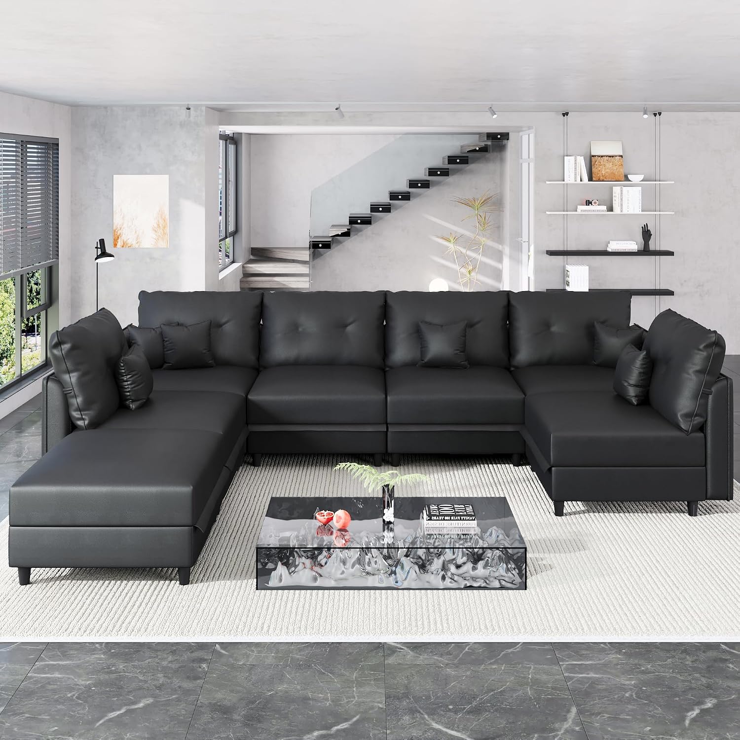 LLappuil Faux Leather Sectional 7-Seater Modular Sofa with Storage, Wide Deep Seat U Shaped Couch for Living Room, Office, Apartment, Rearranged, Waterproof & Easy Clean, Black