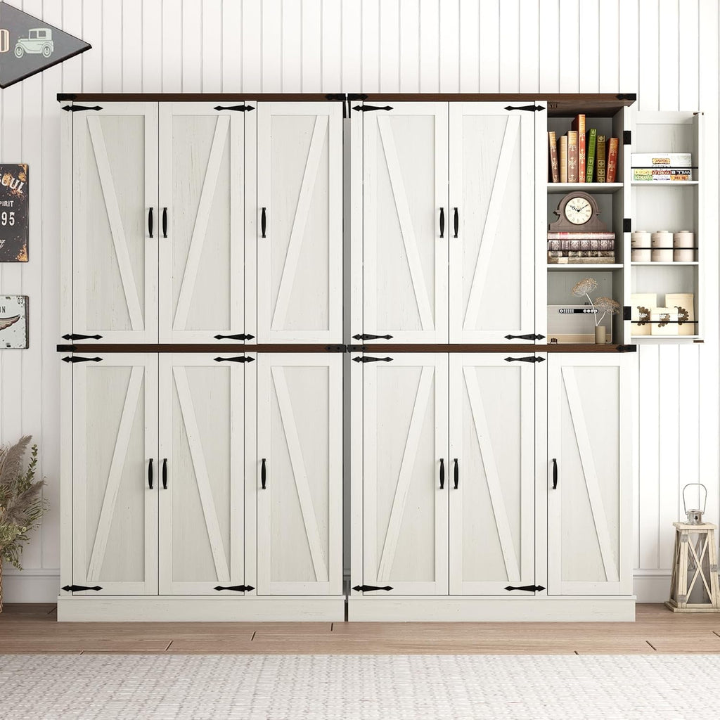 chartustriable 71in Farmhouse Kitchen Pantry Cabinet,Freestanding Tall Storage Cabinet with 6 Barn Doors,Organizer,Rustic Wood Storage Cabinets for Kitchen,Dining Room,Bathroom(White)