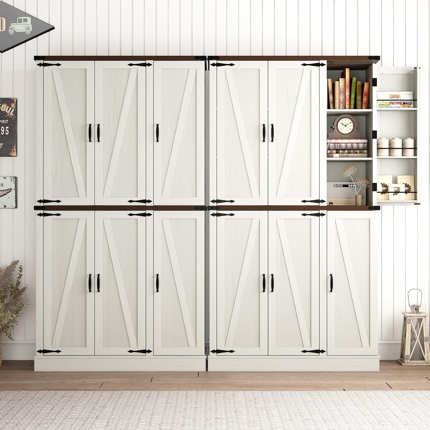 chartustriable 71in Farmhouse Kitchen Pantry Cabinet,Freestanding Tall Storage Cabinet with 6 Barn Doors,Organizer,Rustic Wood Storage Cabinets for Kitchen,Dining Room,Bathroom(White)