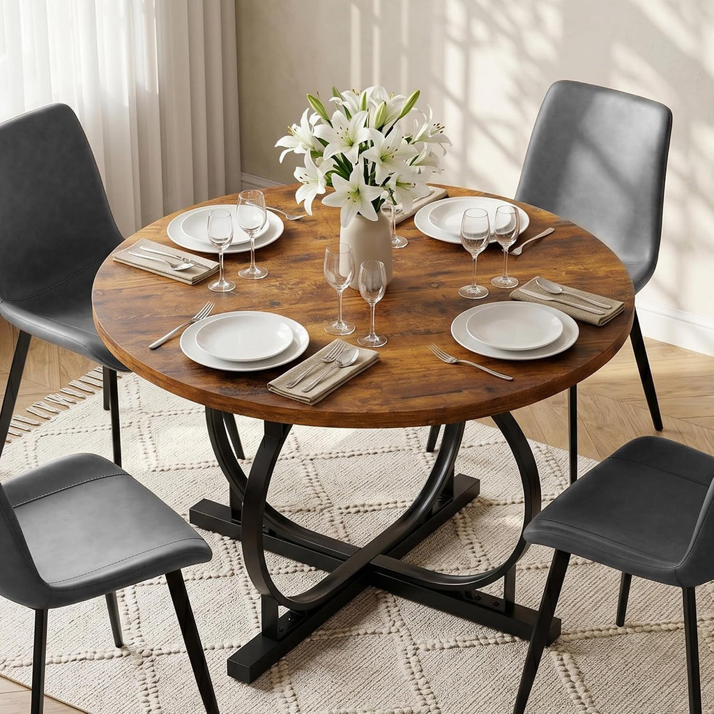 HIPIHOM Extendable Round Dining Table Set for 4 People, 43.3"-59" Extendable Kitchen Table with 4 Upholstered Chairs, Space Saving for Kitchen Dining Room (Vintage Brown Table+4 Grey Chairs)