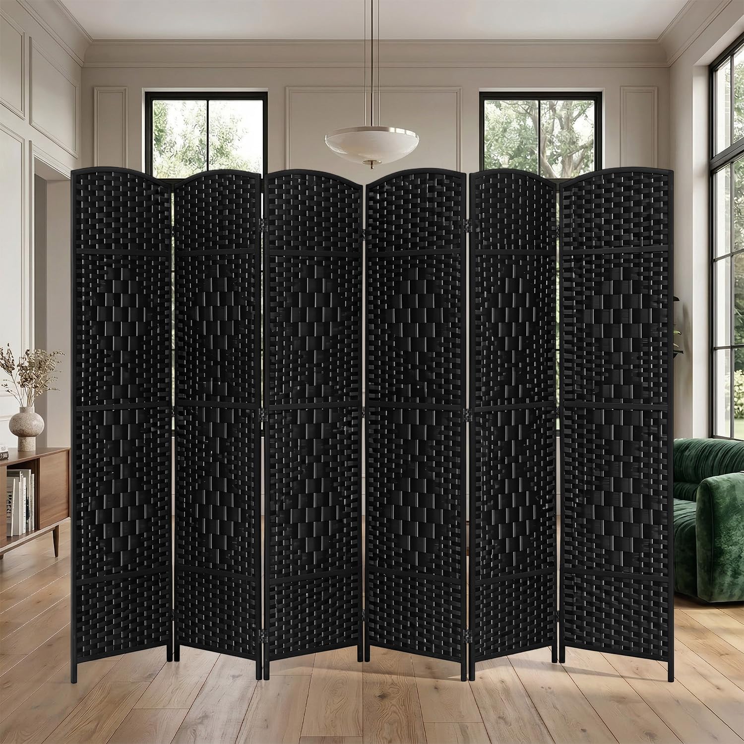 FDW Room Divider 6 Panel Folding Privacy Divider 6 Ft Indoor Wall Divider Portable Partition Wood Screen, Coal Black