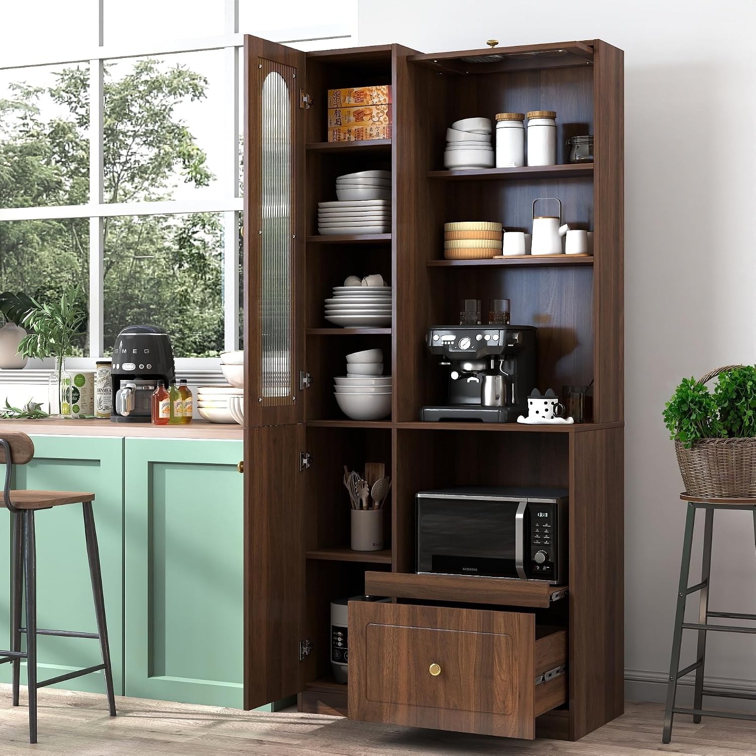 KEIKI 70.87" H Tall Kitchen Pantry Storage Cabinet with Countertop, Glass Doors, Drawers, Microwave Stand & Pull-Out Shelf, Freestanding Wood Hutch Food Pantries Cupboard for Coffee Bar, Dining Room