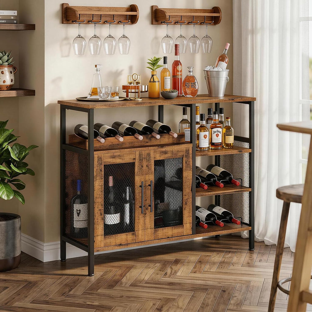 X-cosrack Wine Bar Rack Cabinet with Detachable Wine Rack, Coffee Bar Cabinet with Glass Holder, Small Sideboard and Buffet Cabinet with Mesh Door, Rustic Brown, Large