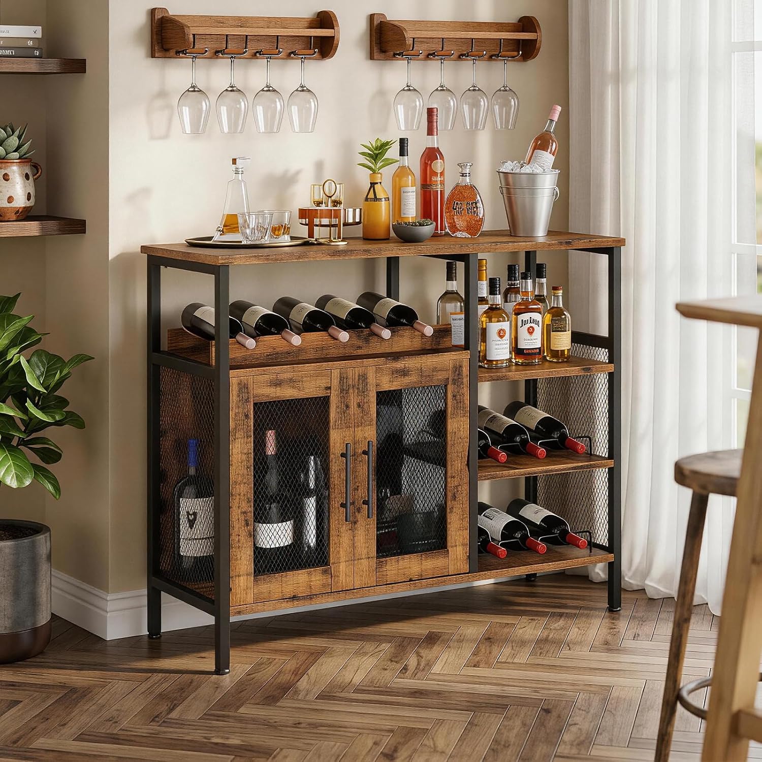 X-cosrack Wine Bar Rack Cabinet with Detachable Wine Rack, Coffee Bar Cabinet with Glass Holder, Small Sideboard and Buffet Cabinet with Mesh Door, Rustic Brown, Large
