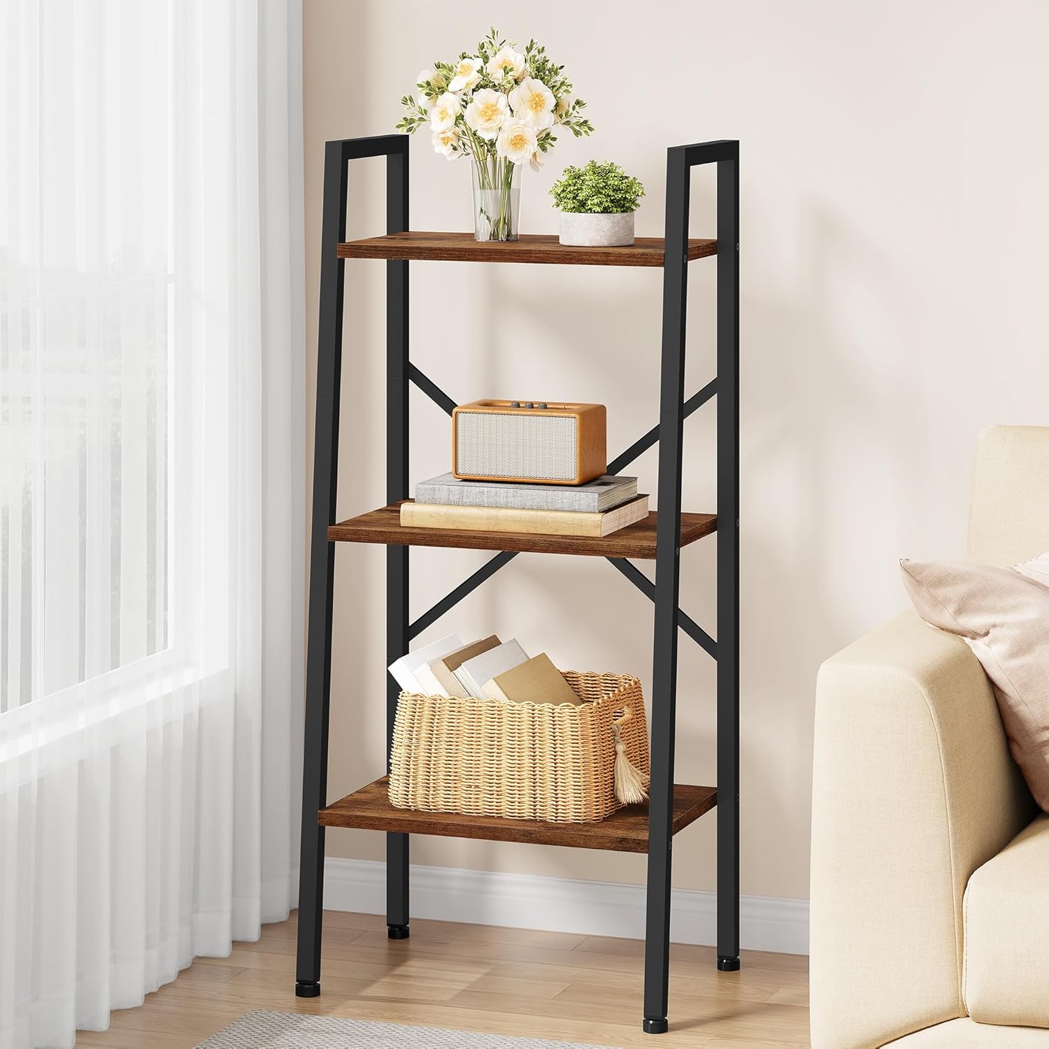 Hoctieon 3-Tier Industrial Ladder Bookshelf, Narrow Ladder Shelf, Tall Standing Bookshelf, Skinny Open Ladder Shelf, for Living Room, Home Office, Kitchen, Bedroom, Metal Frame, Rustic Brown