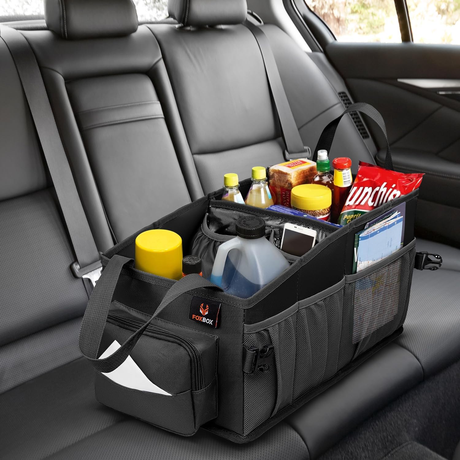 FoxBox Car Seat and Trunk Organizer, SUV Front or Back Seat Storage - Passenger Floor, Under or Between Seats Organization, Car Gifts for Men and Women (Black)