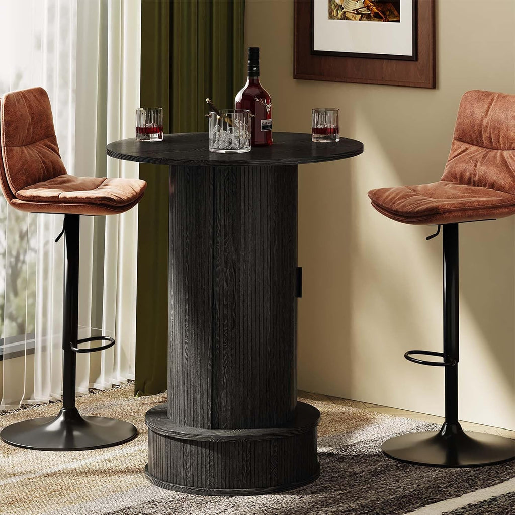 Round Bar Table with 2-Tier Hidden Storage, 38.1" High Wood Bistro Pub Table with Footrest, Rustic Cocktail Table for Kitchen Nook, Living Room, Apartment & Small Spaces, Black
