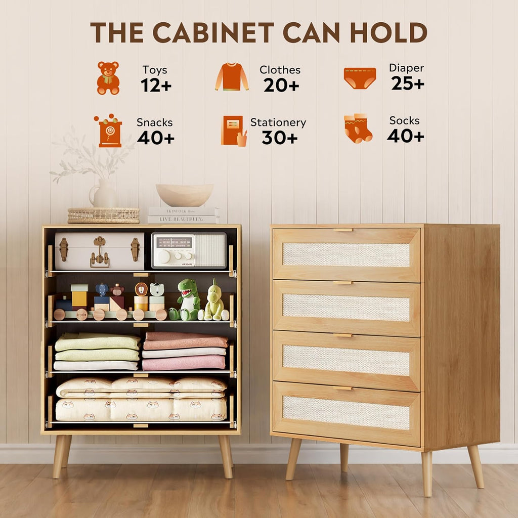 Rattan TV Stand, 4-Drawer Wooden Boho Media Console with Gold Metal Handles, Light Oak Storage Cabinet for Living Room, Office