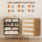 Rattan TV Stand, 4-Drawer Wooden Boho Media Console with Gold Metal Handles, Light Oak Storage Cabinet for Living Room, Office