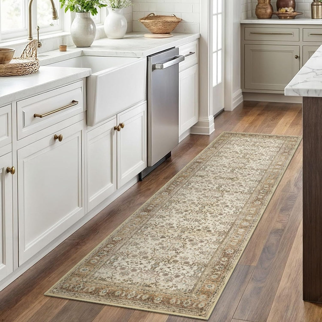 SIILOOM 2x6 Washable Runner Rug for Hallways, Beige Brown Soft Vintage Tribal Kitchen Rugs with Non-Slip, Non-Shedding Tribal Floral Rug for Bedroom Kitchen Porch Laundry Entryway
