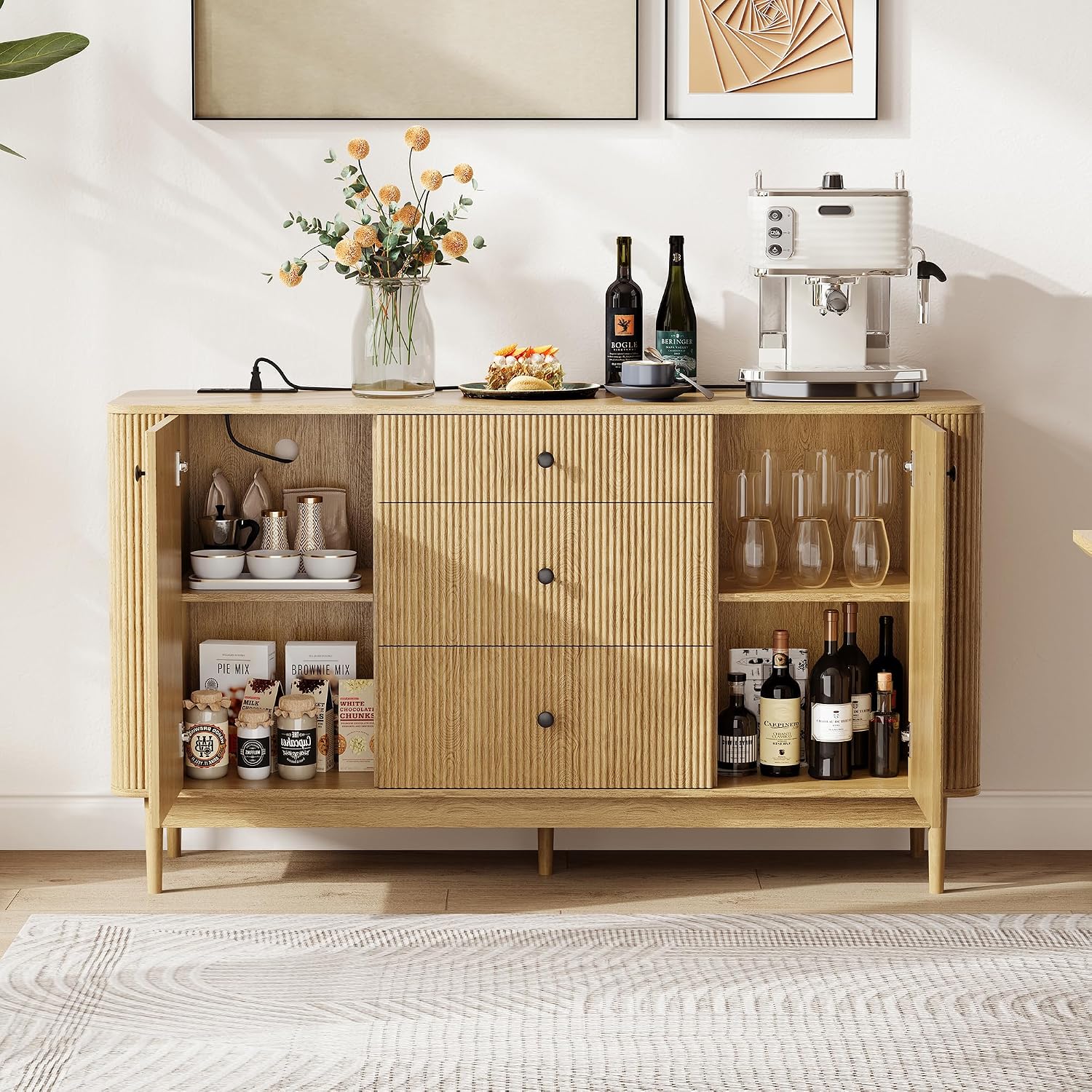 59" Buffet Cabinet with Drawers, Large Fluted Sideboard Buffet Storage Cabinet with Charging Station, Shelves and Doors, Modern Accent Coffee Bar Console Table for Kitchen, Entryway and Living Room
