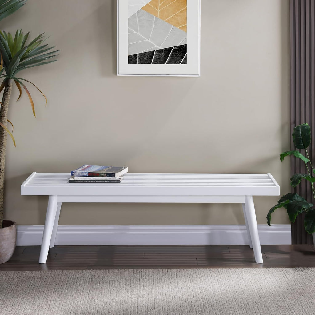 White Solid Wood Bench: Farmhouse Style Slatted Entryway Seat - 56.3" Long New Zealand Pine with Tapered Legs - Bedroom & Hallway Decor for Modern Homes