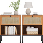 XIAO WEI Natural Rattan Nightstand Set of 2, Boho Night Stand with Drawer and Open Shelf, Bedside Table Accent Cane End Table Side Table for Bedroom Living Room, Metal Legs/Small/Light Brown