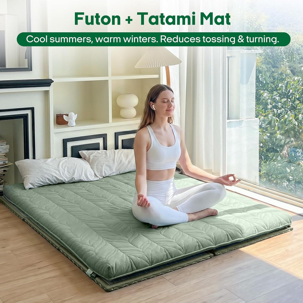 ZonLi Japanese Tatami Mat, Foldable Floor Sleeping Pad Futon Mattress, Made from Natural Coconut Shell Fiber & Jute Fiber, Firm Traditional Floor Bed Queen 80"x60"