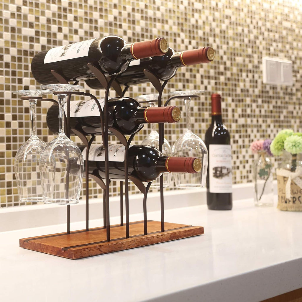 Tabletop Wood Wine Holder, Countertop Wine Rack, Hold 4 Wine Bottles and 4 Glasses, Perfect for Home Decor & Kitchen Storage Rack, Bar, Wine Cellar, Cabinet, Pantry, etc, Wood & Metal (Bronze)
