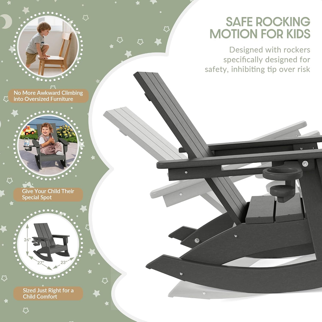 WestinTrends Ashore 3-Piece Kids Modern Rocking Chair with Cup Holder and Square Side Table Set, Gray