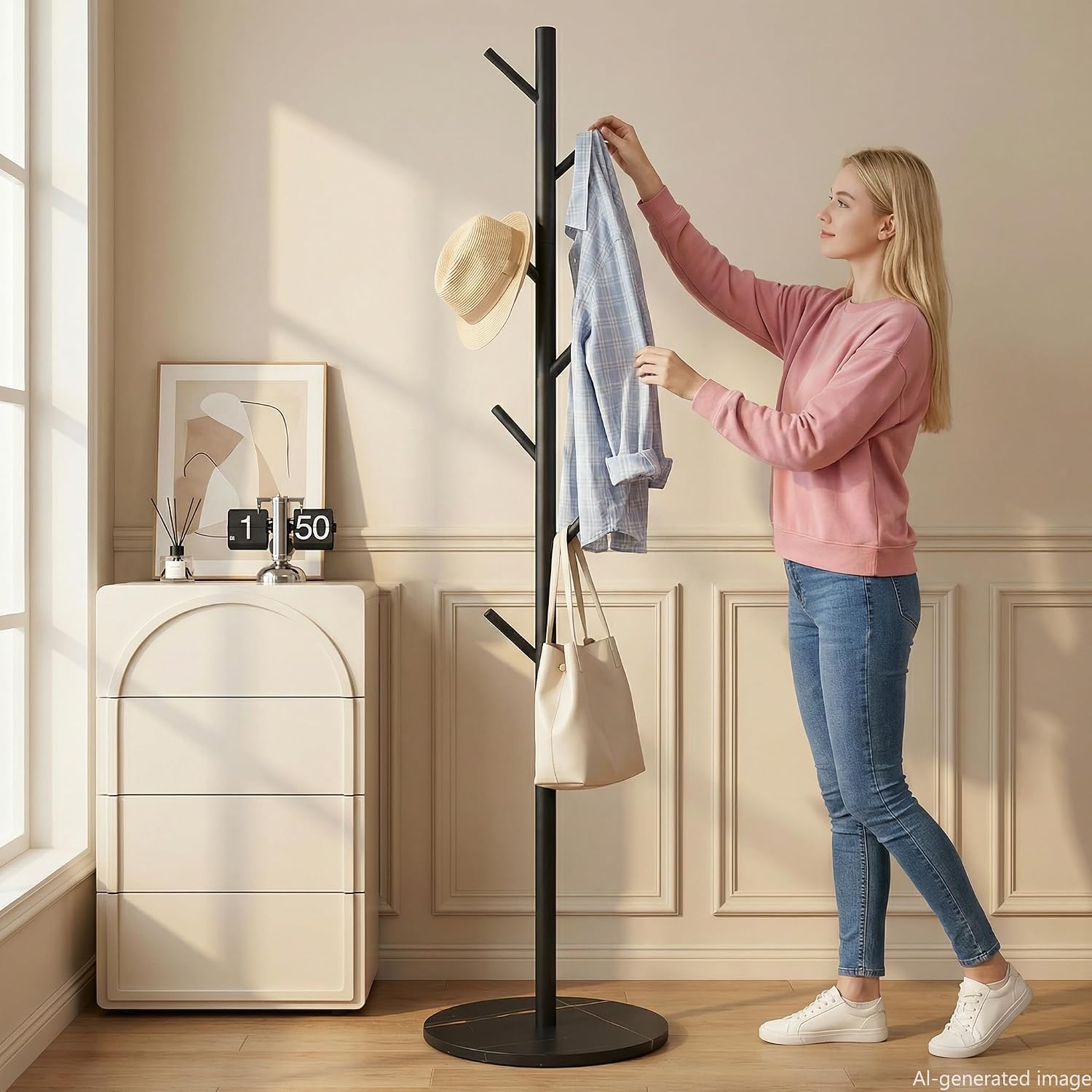 Coat Rack Freestanding with 7 Hooks Modern Hall Tree 3 Adjustable Height | Heavy Duty Metal Clothes Hook Stand with Base for Entryway Bedroom Office for Coats Hats Bags and Purses, Black