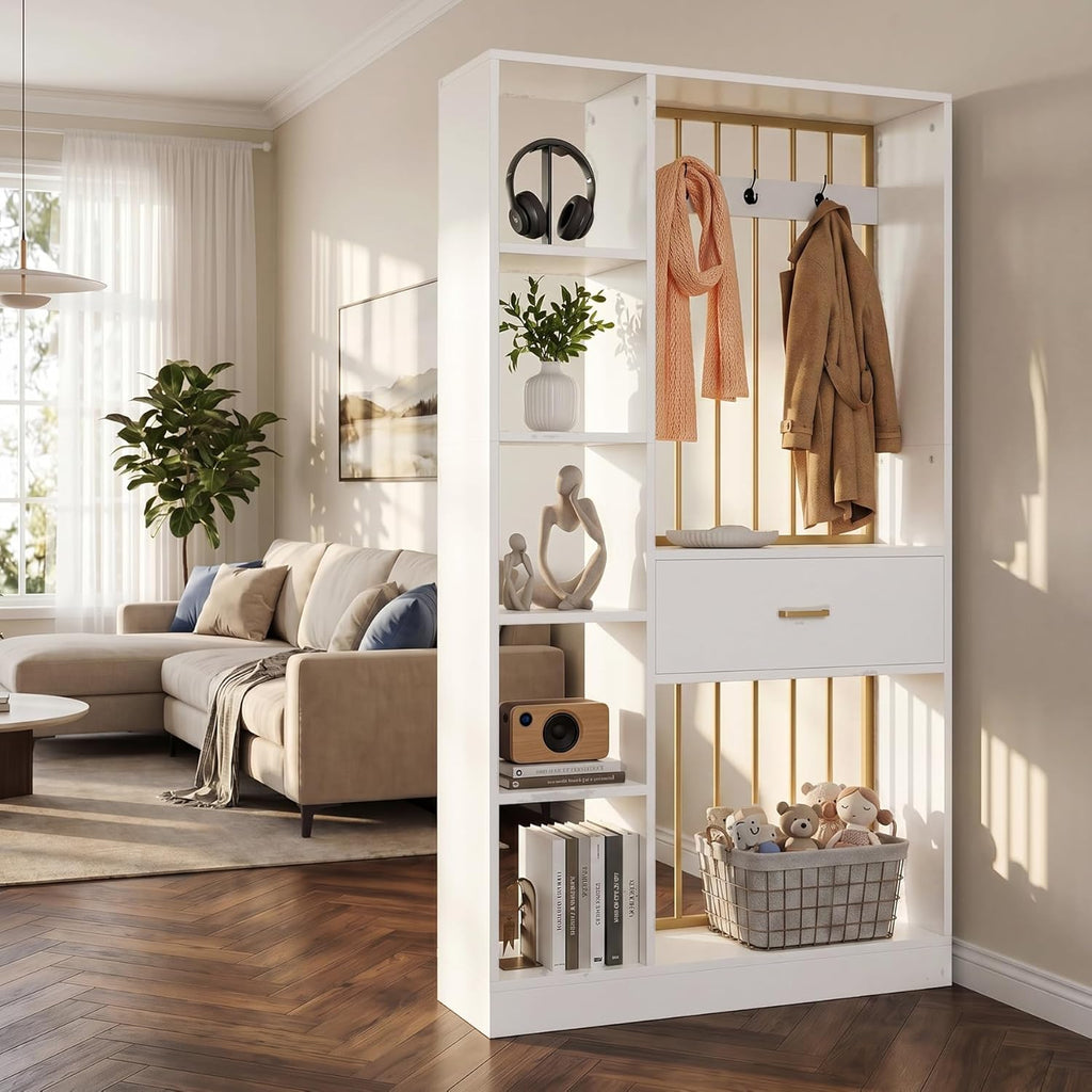 Tribesigns 70.8-Inch Wall Room Divider with Shelves, Modern Freestanding Room Divider with Drawer & Coat Racks, Wood Wall Partition Room Dividers for Room Separation, Home, Office, White & Gold