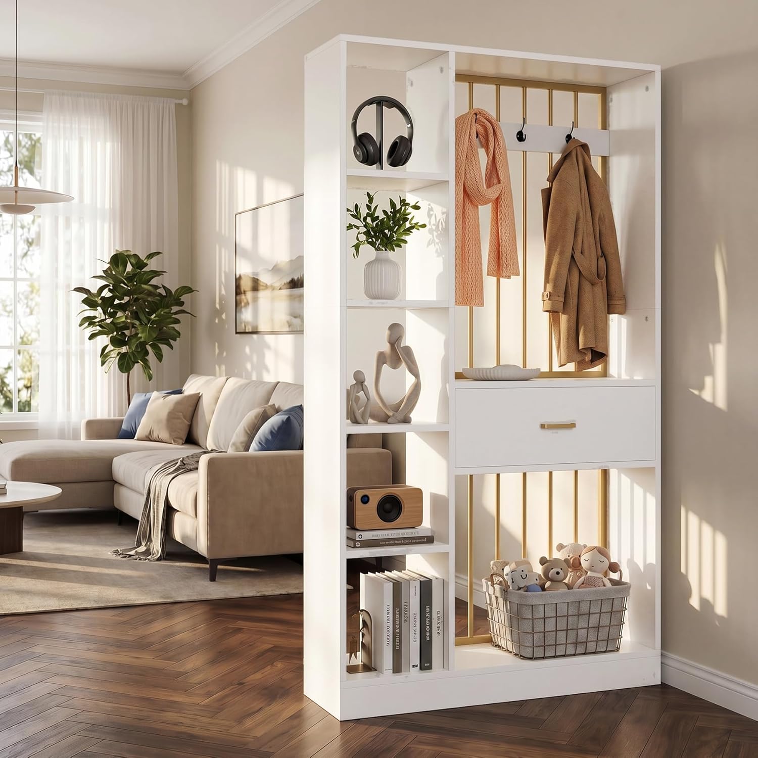 Tribesigns 70.8-Inch Wall Room Divider with Shelves, Modern Freestanding Room Divider with Drawer & Coat Racks, Wood Wall Partition Room Dividers for Room Separation, Home, Office, White & Gold