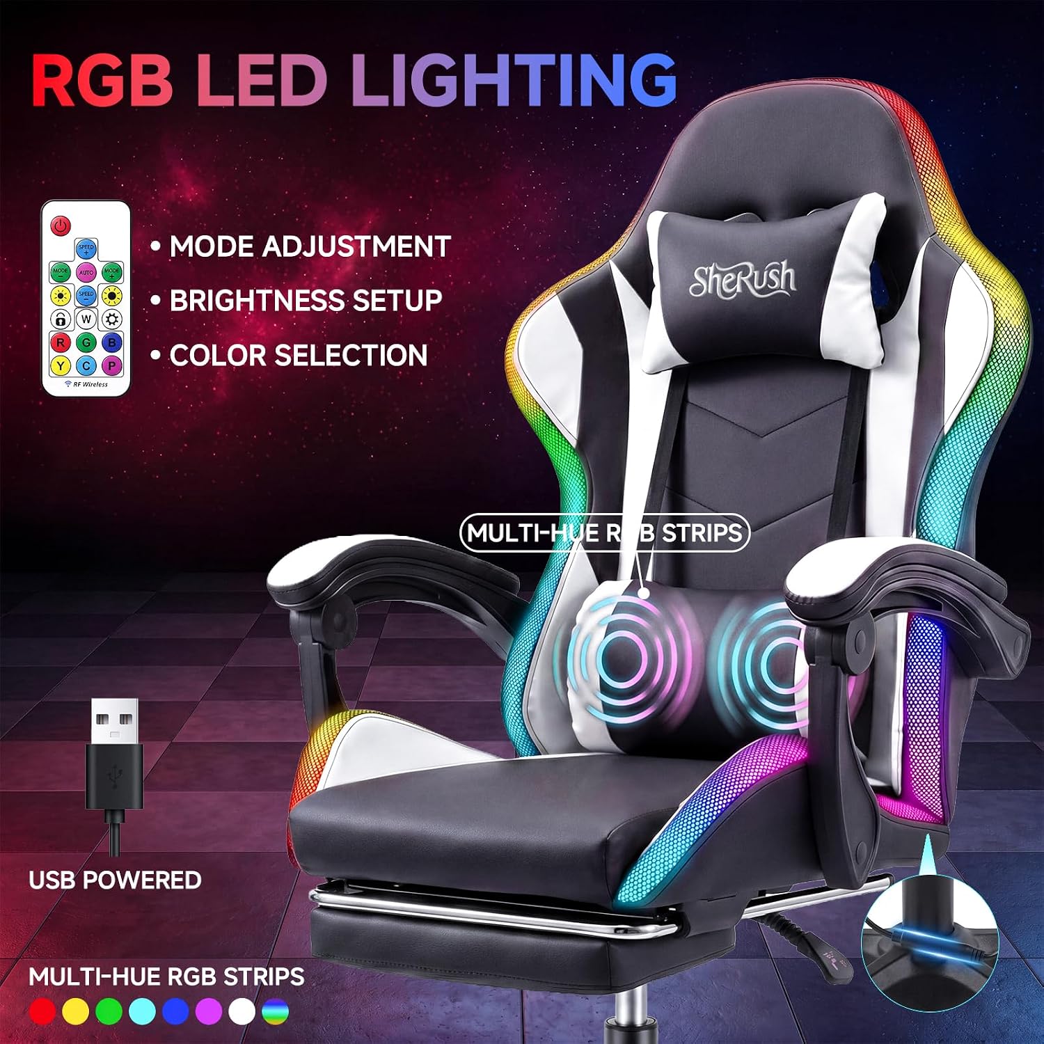 RGB LED Gaming Chair with Speakers & Footrest - Ergonomic High Back Racing Style Video Game Chair, Reclining Computer Desk Chair with Massage Lumbar Support & Headrest, 350lbs Heavy Duty