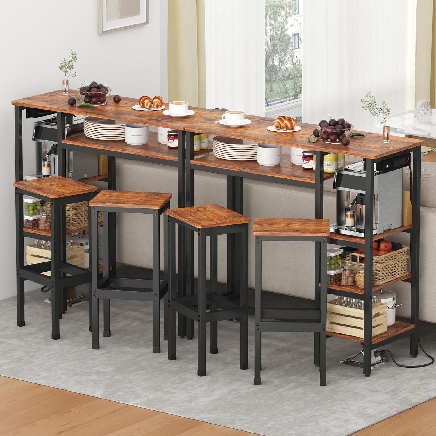 3-Piece Bar Table and Chairs Set,Counter Height Bar Table Set with Power Outlets and Storage Shelves,Dining Table Set with 2 Chairs,Industrial Table Chairs Set for Bar,Kitchen,Apartment