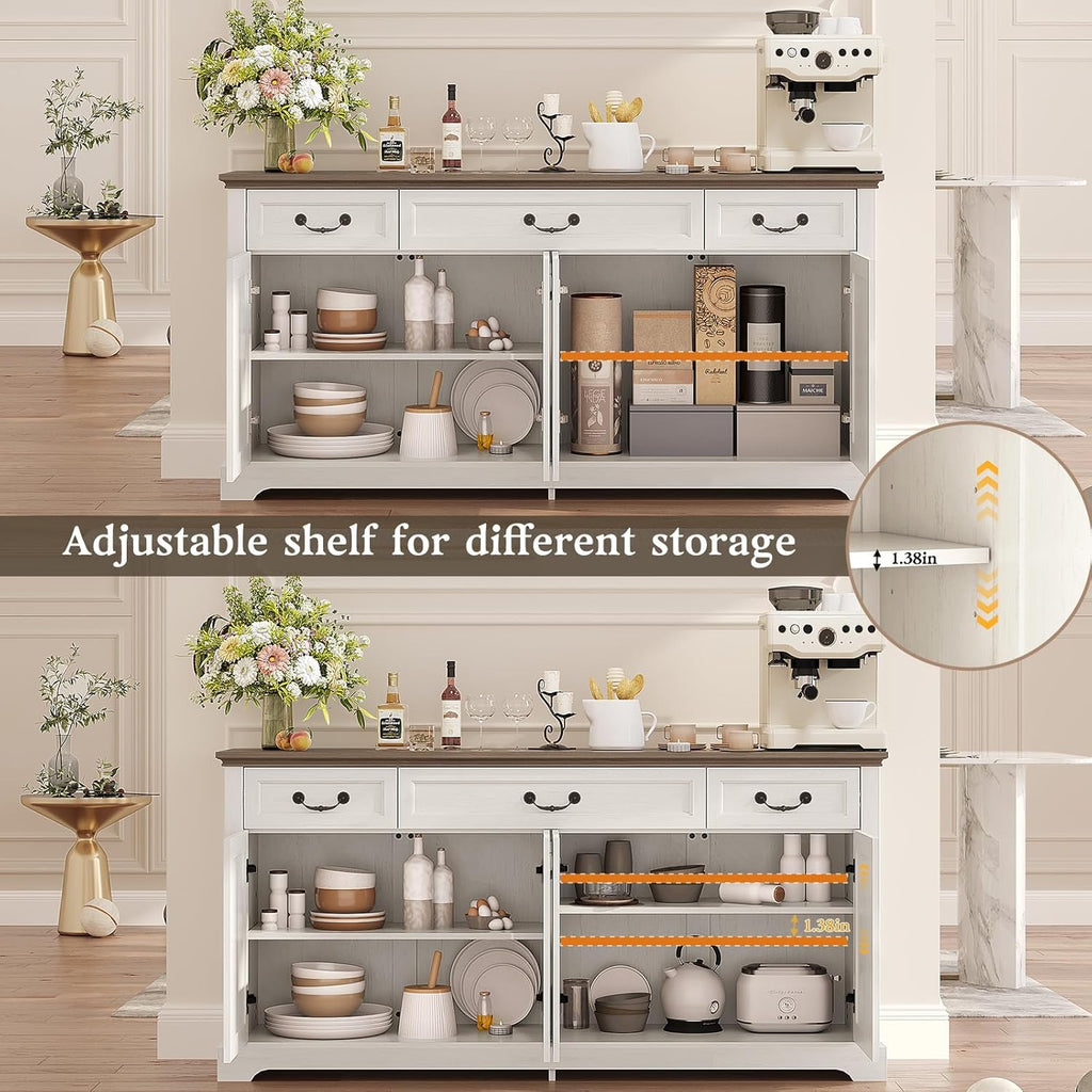 Sunny Heart 65" Large Buffet Storage Cabinet, Farmhouse Kitchen Sideboard with 3 Drawers and 4 Doors, Coffee Bar Wine Bar Cabinet with Storage for Living Room, White