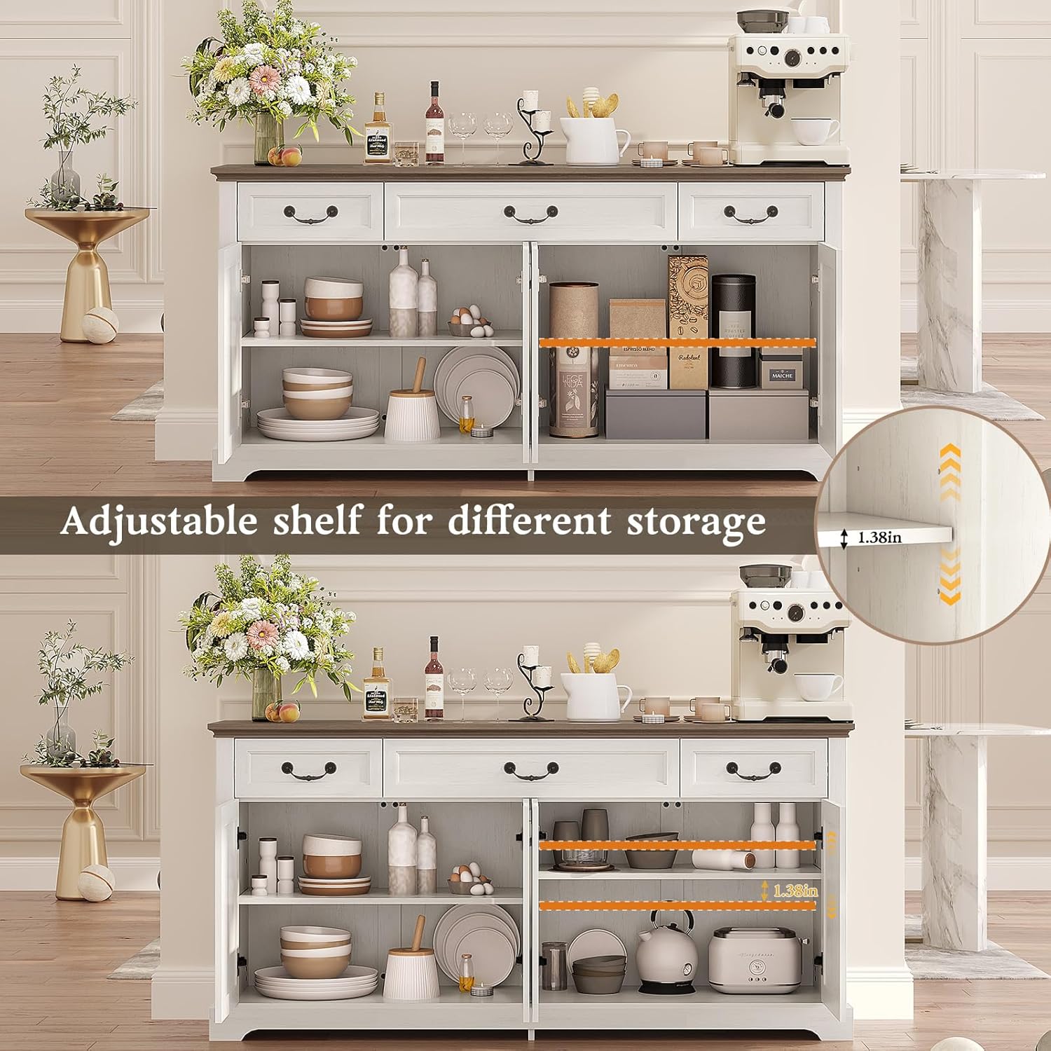 Sunny Heart 65" Large Buffet Storage Cabinet, Farmhouse Kitchen Sideboard with 3 Drawers and 4 Doors, Coffee Bar Wine Bar Cabinet with Storage for Living Room, White