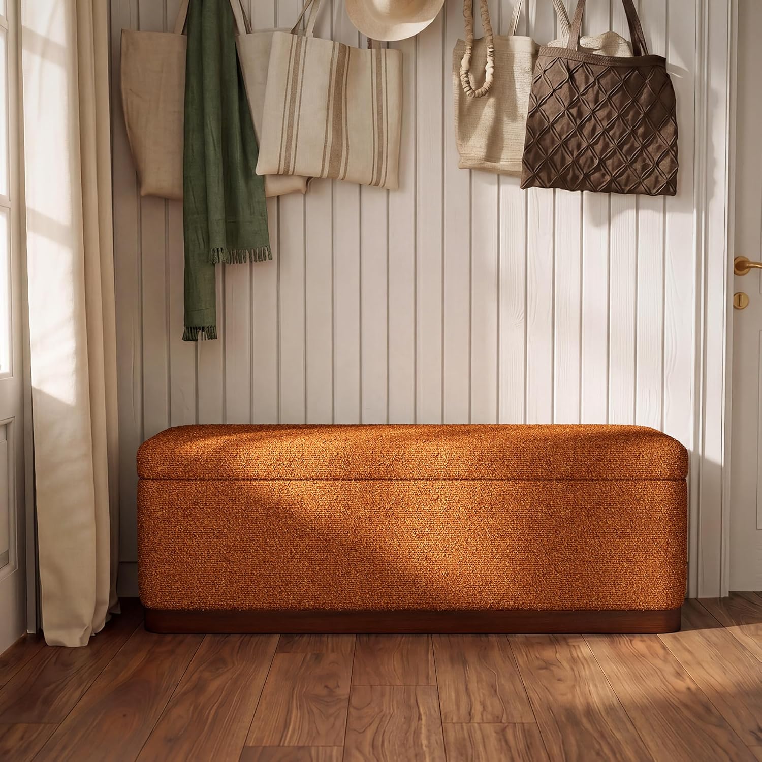 46'' Storage Bench for Bedroom, Modern Storage Ottoman Bench with Walnut Grain Base, Upholstered Bench with 27 Gallons Storage Space for Bedroom End of Bed, Entryway, Living Room, Orange