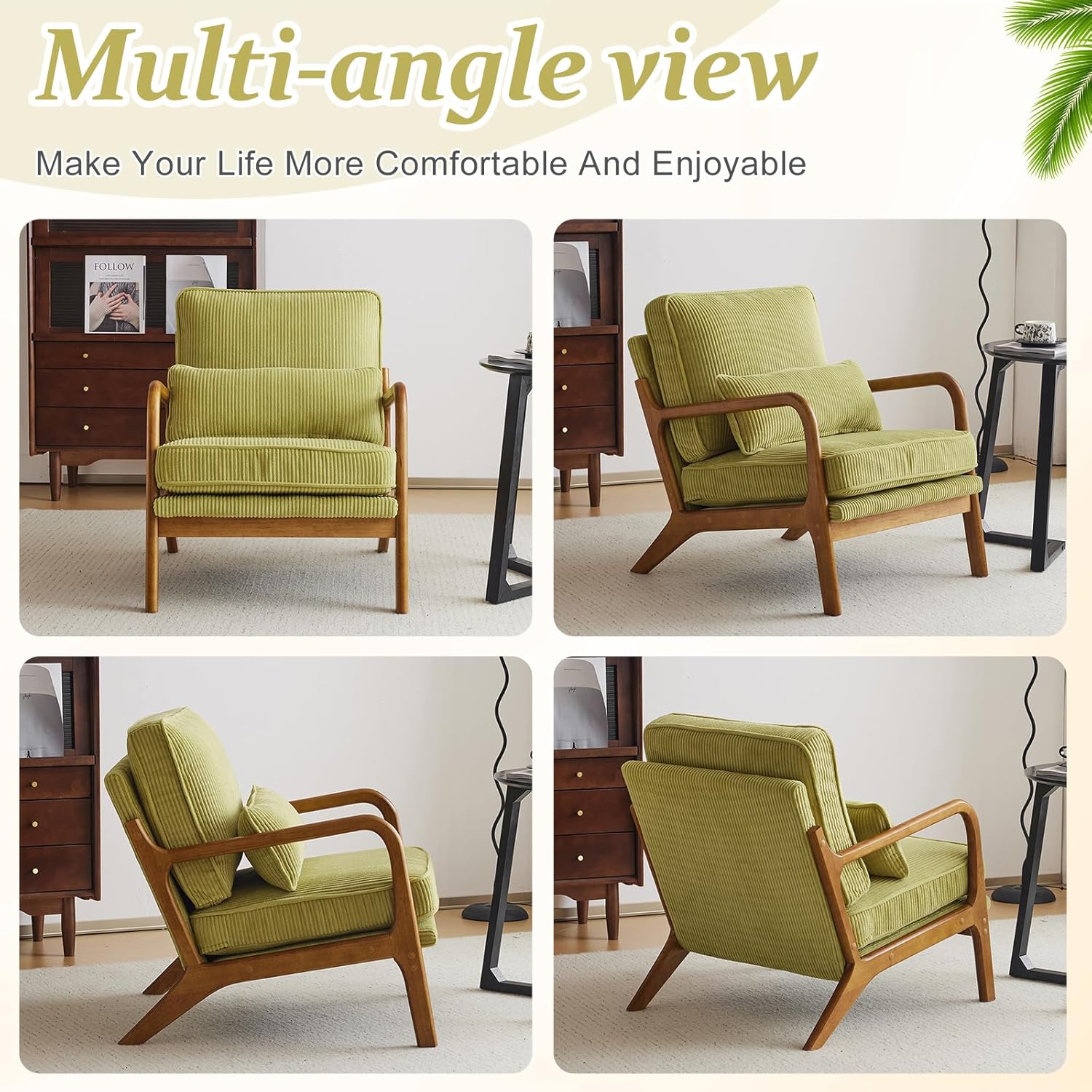 VINGLI Upgraded Premium Corduroy Accent Chair,Upholstered Arm Chair,Solid Wood Comfy Reading Chair with Pillow, Mid Century Modern Chairs for Living Room,Bedroom,Guest Room,Green