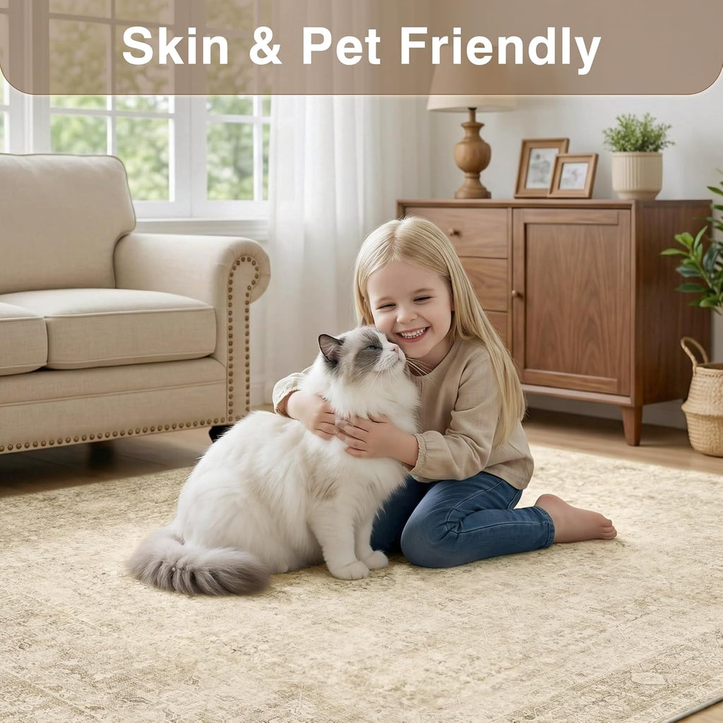 FMFUNCTEX 8x10 Washable Area Rug Beige Neutral Vintage Distressed Oriental Large Non Slip Carpet for Living Room Bedroom Traditional Retro Soft Low Pile Indoor Rugs for Dining Room Office Nursery