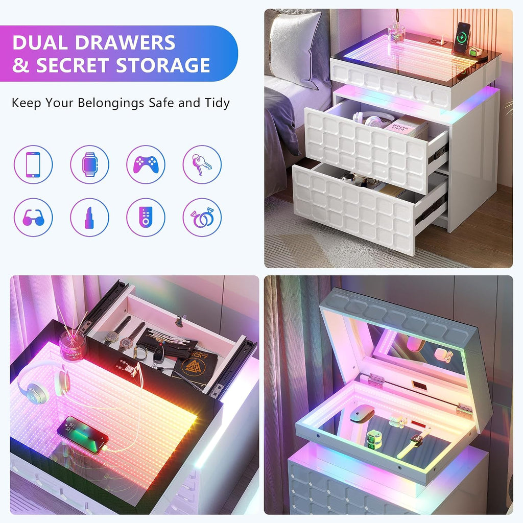 Vlsrka RGB Nightstand with Glass Top,Smart Night Stand with Charging, White | LED End Table with Lockable Compartment, Two Drawers, Human Body Sensor Light, Futuristic Side Table for Bedside Bedroom