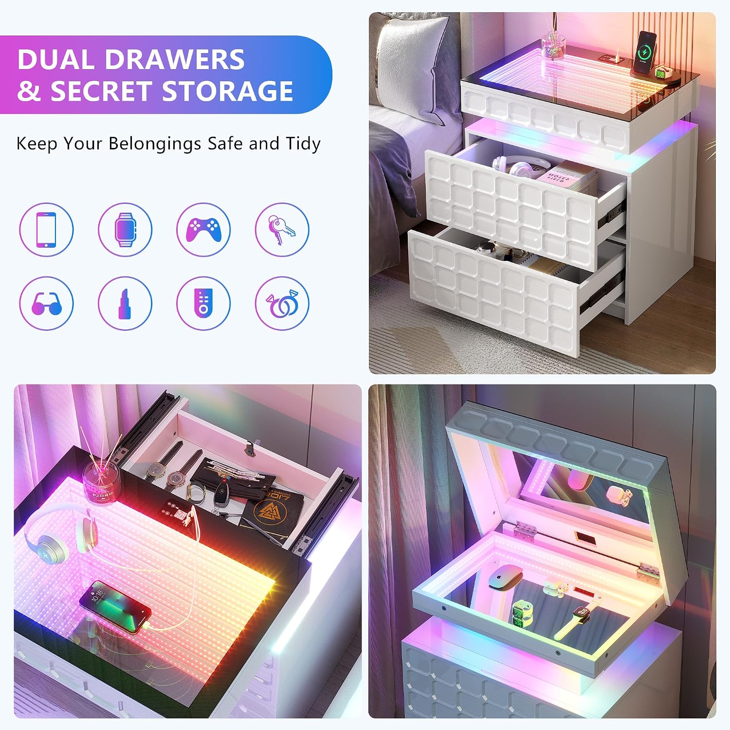 Vlsrka RGB Nightstand with Glass Top,Smart Night Stand with Charging, White | LED End Table with Lockable Compartment, Two Drawers, Human Body Sensor Light, Futuristic Side Table for Bedside Bedroom