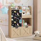 Befrases Kids Toy Storage Organizer with Blackboard, 3-in-1 Toy Organizers and Storage with Reading Nook, Wooden Toy Chest Storage with 2 Drawers and Hidden Wheels for Playroom Storage, Oak
