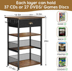 Hongtamoya 4-Tier AV Media Stand with Drawer, Video Game Console Shelf with 2 Hooks, Audio Rack Tower Perfect for/Xbox/ PS5/Switch/Game Consoles/DVD/Record Player/Projector/Sky Box/TV Accessories