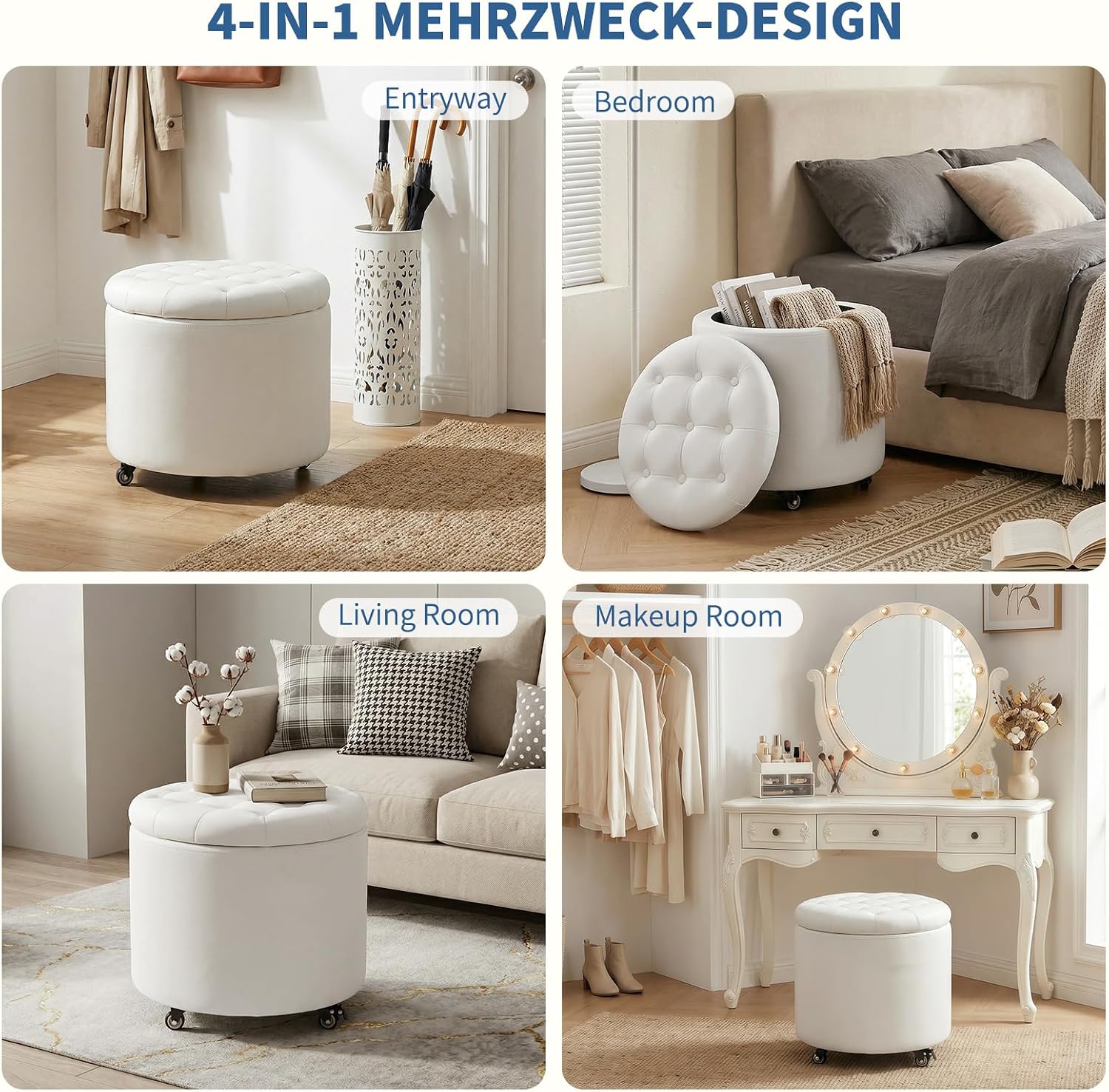 Furniliving Upholstered Button Tufted Round Ottoman with Wheels, PU Storage Ottoman Round, Removable Lid Convenient Footstools, Classic Ottoman with Storage for Vanity, Nursery Room, IvoryWhite