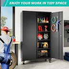 SISESOL Wide & Deep Metal Storage Cabinet with Wheels,Tall Rolling Garage Storage Cabinet with Lock,Black Metal Cabinets with Pegboards and Shelves,Tool Locker for Garage,Home,Office,43''Wx 20''Dx71"H
