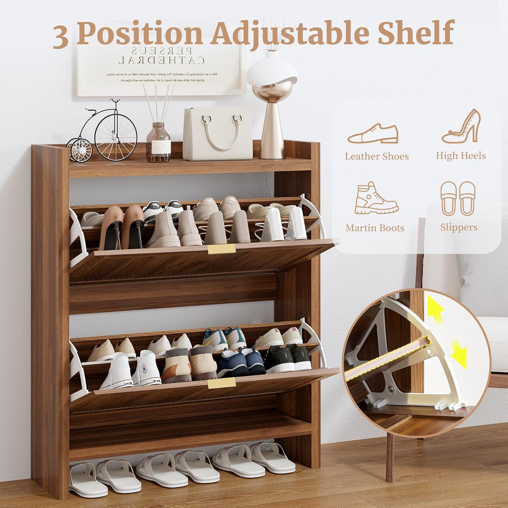 Fluted Shoe Storage Cabinet with 2 Flip Door for Entryway, Modern Freestanding Narrow Wood Shoe Rack Cabinet for Foyer, Front Door, Hallway