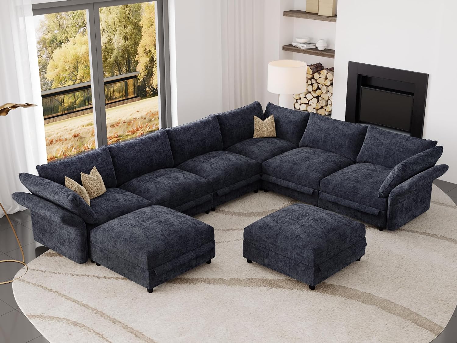DreamDashio 159" 8-Seat U-Shaped Sectional Sofa, Oversized Modular Cloud Couch with Storage, Adjustable Arms & High Back, Dark Grey Chenille for Large Living Room