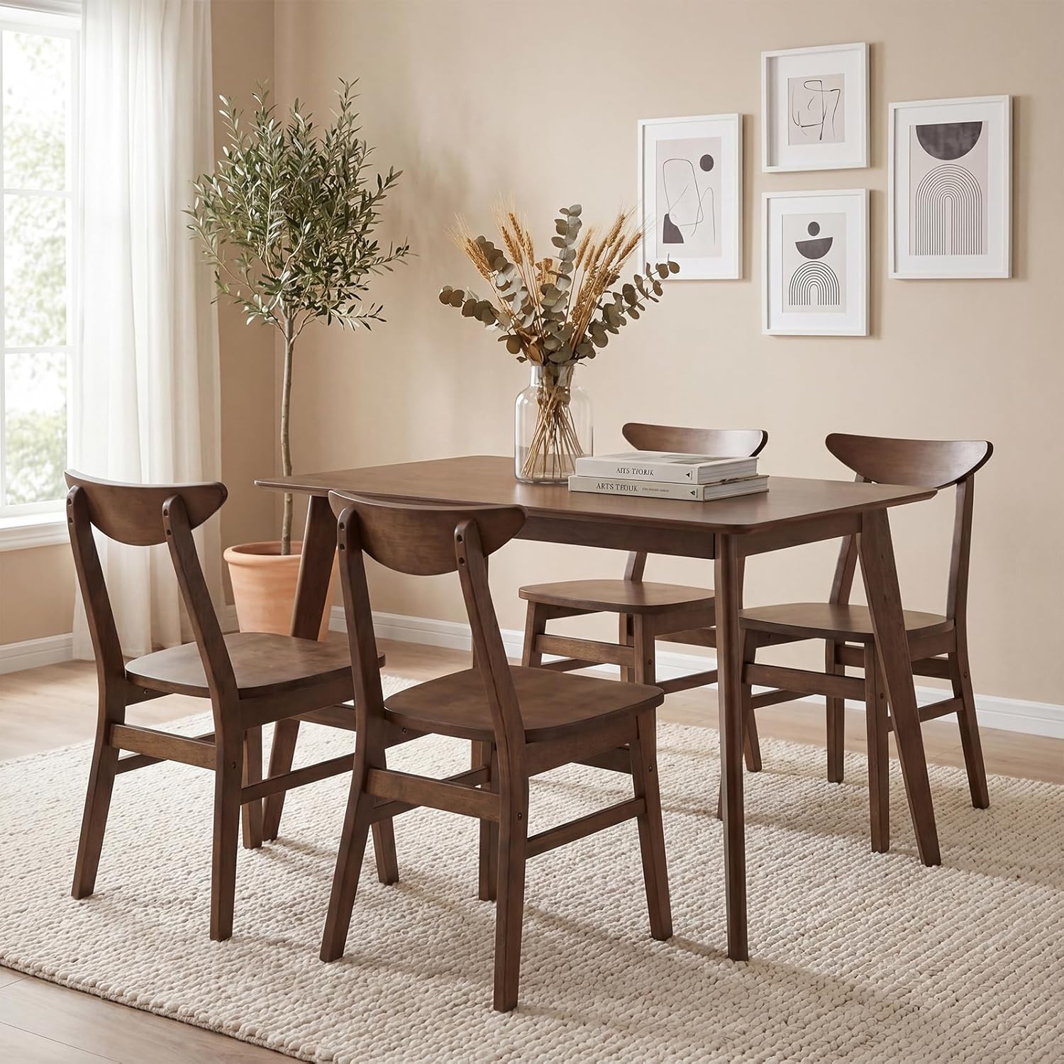 Giantex 5-Piece Dining Table Set for 4, Mid-Century Modern Kitchen Table and Chairs Set with Solid Rubber Wood Frame, Wooden Dinette Set for Small Space, Dining Room, Breakfast Nook